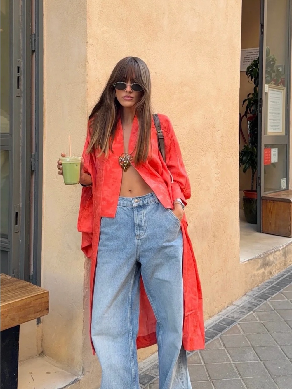 Oversized Open-Front Women Top in Coral Red